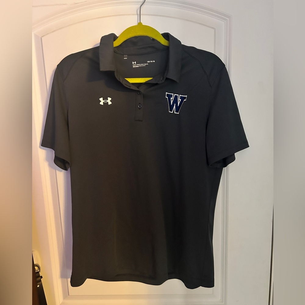 Gray Under Armour Polo – Embroidered Blue “W” Logo, Size Woman’s Large